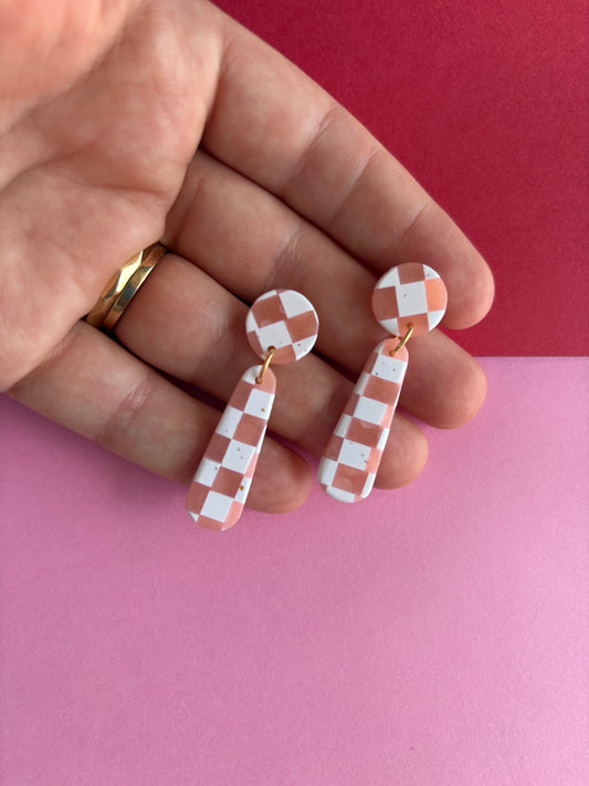 Checkered drop dangles: white
